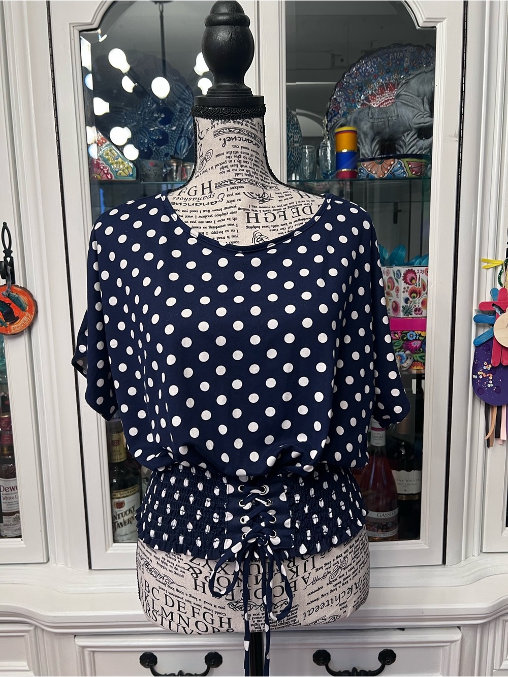 Marci Navy Polka Dot Short Sleeve Smocked Waist Blouse L